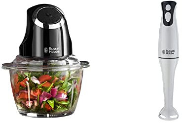 Russell Hobbs 24662 Desire Mini Chopper, Vegetable and Onion Chopper, 500 ml Capacity Glass Bowl, Matte Black, 200 W & 22241 Food Collection Hand Blender, 200 W - White