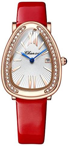 JewelryWe Uhren Damen Analog Quarz Datum Kalender 30m Wasserdicht Armbanduhr Elegant Strass Oval/Schlangenkopf Form Beiläufige Uhr mit Echtleder Leder Armband, 4 Farben