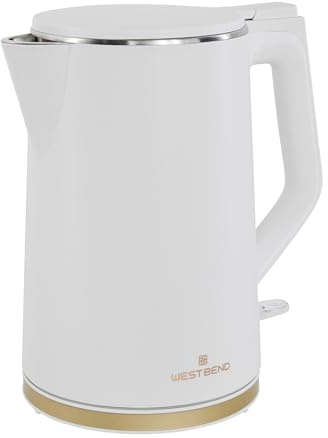 West Bend Timeless Electric Kettle Cordless Serving Features Stainless Steel Interior Boil Dry Protection and Auto Shut Off, 1.5-Liter, White/Gold