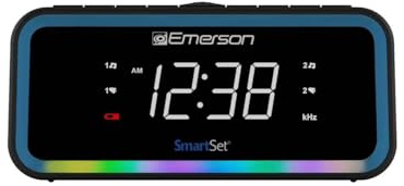 Emerson CKS1401 Smartset AM/FM Dual Alarm Clock Radio with 0.9” White LED Display with 4-Level Dimmer Control, USB-C Charging, and 2-Level Multi-Color LED Decor