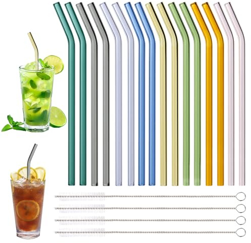 16 Glass Straws, Reusable Eco Friendly BPA Free Coloured Curved Drinking Straws7.85“ with 4 Cleaning Brush, Easy to Clean, for 20oz/ 30oz Goblet, Milk Tea Cup, Juice Glass