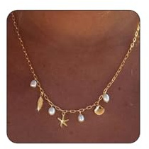 Kotkiddy Collar de Encanto para Mujeres - Delicado Chapado en Oro con Concha, Luna y Estrella, Cruz de Playa Colgante Hexagonal Estilo Preppy Verano