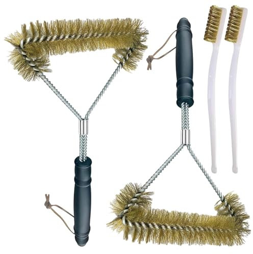 4 Stück Grillbürste Messing Set, Messingbürste Grill Grillbürste Mit Griff, Griff rutschfest und Langlebig, Grill Reinigungsset Für Grillrost und Holzkohlegrill