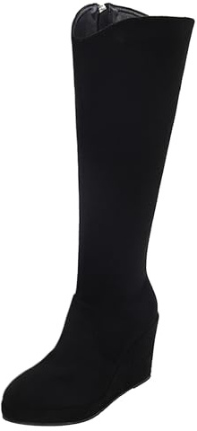 LarDorLin Mujer Tacón de Cuña Knee High Plataforma Gamuza Cuero Botas Comodo Puntiagudo Invierno Heel Moda Riding Booty Zip Negro Talla 39 EU (40 Cn)