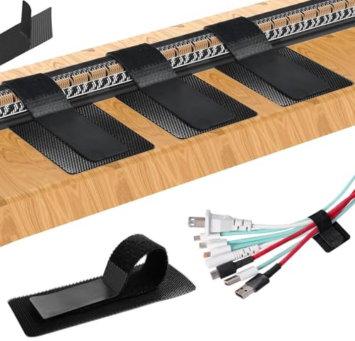 Under-Desk Cable Management Kit, Enhanced Wire Holder, ~15 Cords, 20 Pairs (Black), Adjustable Hook-&-Loop Tabs for Office/Home/Gaming Setups