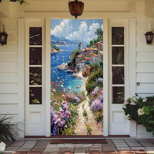 Treer Decorazione per Porta Ingresso con Elastico, Copertura per Porta Decorazione Elastica Esterna Interna Striscione da Appendere Coperto per Casa Festa, Tutto L'Anno (Fiori ad Olio,90x210cm)