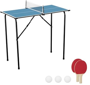 Relaxdays Mini bordtennisplatta, vikbar, inomhus bordtennisbord, utrymmesbesparande, HBT: 76 x 88 x 48 cm, MDF och stål, blå