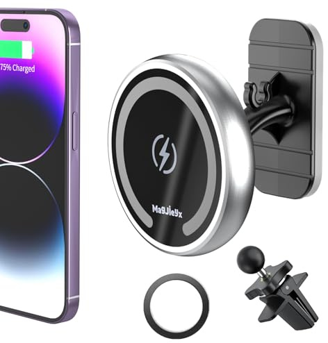MAGJIEYX für MagSafe Autohalterung Ladegerät,15W Magnet Handyhalterung Auto mit Ladefunktion für iPhone 16/15/14/13/12 Serie, Lüftungsschlitz/Armaturenbrett Kabelloses Kfz Halter, Silber