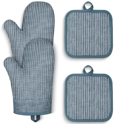 CUSIRA Oven Mitts and Pot Holders, Silicone Oven Gloves, 500 F Heat Resistant Oven Mitts Sets, Non-Slip Silicone Textured Grip, Blue
