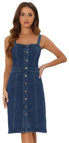 Allegra K Button Down Denim Dress for Women's Summer 2025 Sleeveless Sweetheart Neck Jeans Dresses Small Dark Blue