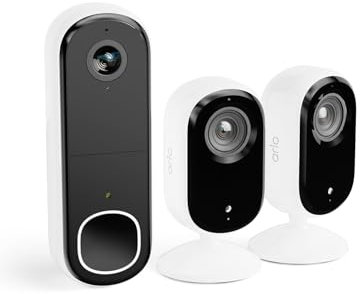 Arlo Indoor Camera with Video Doorbell, 2K Indoor Pet Camera Wired, HD Video Doorbell Wireless, Security Kit, Night Vision, Motion Sensor, Siren, 2-Way Audio, Free Trial of Arlo Secure, White