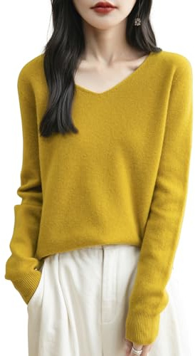 Chanyarn Damen V-Ausschnitt Pullover Herbst Winter 100% Merinowolle 2025 First-Line Ready to Wear Langarm nahtlosem Cashmere Strick Kaschmirpullover (Ahornblatt,S)