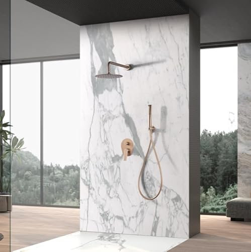 IMEX - Ducha Empotrada Monomando Oro Rosa | Kit de Grifería Empotrado con Alcachofa y Rociador Antical Efecto Lluvia | Columna Ducha Empotrada en Latón y Acero Inox S.304 | Serie Delos