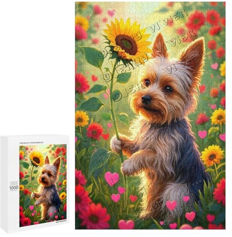 Yorkshire Terrier with Sunflower Puzzle – 1000 Piece Wooden Jigsaw for Adults – Relaxing Dog Puzzle for Dog Lovers and Art Enthusiasts