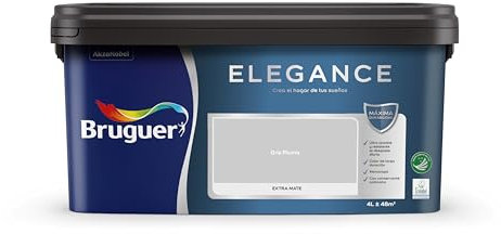 Bruguer Elegance Pintura Monocapa Extra Mate para Paredes y Techos, Interior y Exterior protegidos, Ultra Lavable, Resistente al Desgaste y Manchas, Con conservante Antimoho, Gris Pluma 4 L