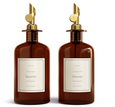 Greymount ® Essig und Ölflaschen Set - 2er Pack Ölspender 500ml | Ölflasche aus Braunglas mit Ausgießer Gold für Olivenöl, Essig und mehr | Perfekt für Kochen, Salate und BBQ