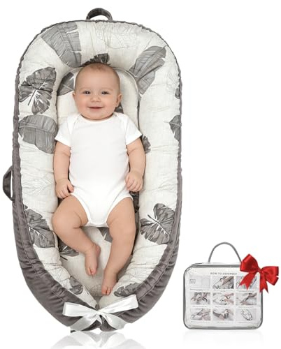 Baby Lounger | Organic Cotton Infant Lounger | Reversible, Adjustable & Portable Floor Lounger | Soft, Breathable, Washable Cover-Grey Leaves
