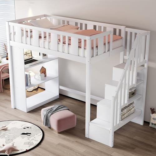 EINHOM Kinderbett 90 x 200 cm, Etagenbett mit Stauraum, Hochbett mit Schließfach und Treppe & Geländer, Kiefernholz + Sperrholz + MDF, Ohne Matratze (Weiß)