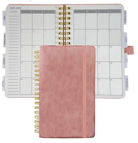 UNIQUE HM&LN Taschenkalender 2024 Klein, Terminplaner 2024 A6, Wochenplaner Ringbuch Planer 1 Woche 2 Seite mit PU Softcover - auf Deutsch, Rosa