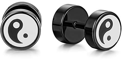Flongo Herren Ohrringe 8mm Edelstahl Damen Ohrstecker Blütenblätter kreuz smile Lächeln Blumen Ahornblatt Stern Tai Chi Fake Plugs Tunnel Männer Piercing Schraubverschluss schwarz silber gold