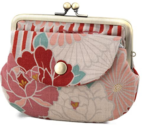 Monedero japonés Clipbörse Portemonnaie für Damen Herren (Retro Blume) Hecho en Japón Mini Mittelgroß Klein Geldbörse Münzbeutel Monedero Doppelbörse mit Tasche, Red, Clip para Dinero
