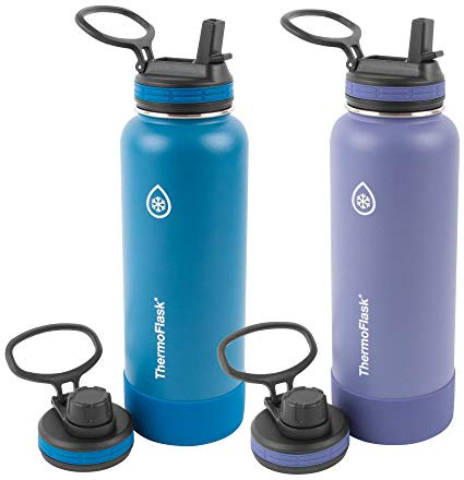 ThermoFlask Stainless Steel Water Bottles 2-Pack - Double-Wall Vacuum Insulated 40 oz BPA-Free Spout Lids - Keeps Drinks Cold 24 Hrs, Hot 12 Hrs - Leakproof, Dishwasher Safe, Superior Blue/Mauve