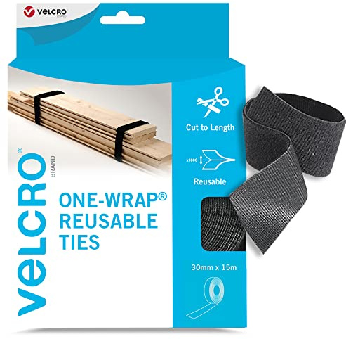 VELCRO Marke | One-Wrap wiederverwendbare Kabelbinder | Mehrzweck-Kabelbinder Perfektes Schreibtischzubehör für Kabelmanagement und Heimwerken | Schwarz | 30 mm x 15 m | Wiederverwendbare Klett-Kabelbinder, einfach umwickeln und andrücken, ideal für Kabelmanagement und Haushalt