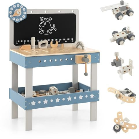 GOPLUS Kinder Werkzeugbank, Werkbank aus Holz mit Tafel, Uhr, Arbeitsplatte mit Steckplätzen & unterer Ablage, Kinderwerkbank mit 61 TLG. Zubehör für Jungen & Mädchen ab 3 Jahren