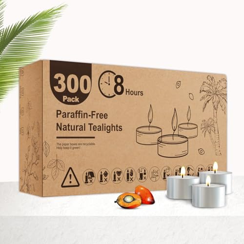 Hypmis Velas de Té de Cera Vegetal de Palma – Pack de 300, Hasta 8 Horas de Combustión Estable, Blancas, Sin Perfume, Sin Humo ni Goteo, para Cena y Ambiente Romántico