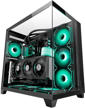 Mars Gaming MC-3C, Gaming-ATX-Gehäuse, 3D-Panoramablick mit Dreifach-gehärtetem Glas, Seitliches Doppelkammer-Design, Vollständige Unterstützung Wasserkühlung, Mid-Tower-PC mit Kabelmanagement,Schwarz