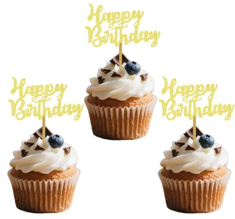 Happy Birthday Cupcake Toppers, Cupcake Toppers, Glitter Gold Cake Topper for Birthday Party Decorations, 24 PCS Paper Theme Anniversary Celebrations Supplies
