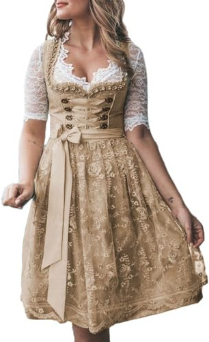Godoboo Dirndl Damen Midi Trachtenkleid Trachtenrock Trachtenmode Kleid Dirndlkleid Tachtenkleid für Oktoberfest