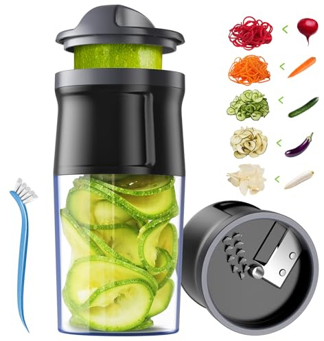 ZTQCSQ 4 in 1 Vegetable Spiralizer Slicer, Adjustable Thickness 0-3mm, Zucchini Spiralizer Veggie Noodle Maker for Cucumber/Zoodle/Salad/Spaghetti/Pasta with Food Container, Cleaning Brush, Black