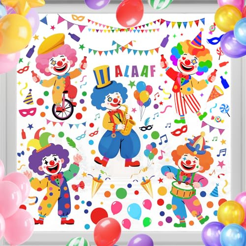 karneval deko,9 sheets Fensterbilder Selbstklebend Clown Fenster Aufkleber Fasching Fenster， Tiere Fensteraufkleber Clown Party Dekoration（20×30cm） (Rot)