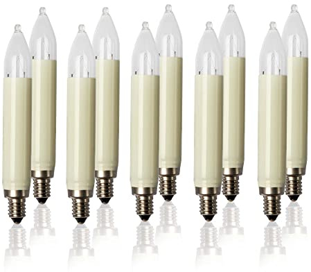 hellum Ersatzkerzen Glühfaden 10x, 23V 3W 10 Brennstellen E10 außen 908015 | Ersatzkerzen für Lichterketten & Schwibbogen, 10 Stück Schaftkerzen E10 (ø10 mm), 22 Lumen Ersatzkerzen Lichterkette