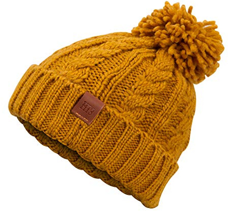 Rough Knit Beanie - Wintermütze, Strickmütze, Bommelmütze mit Leder Patch, Mütze für Herren & Damen (Manufaktur13/M13)