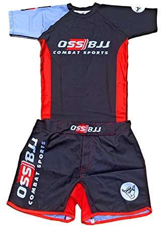 OSS Sports - Kit da uomo BJJ, MMA, Grappling, top a compressione e pantaloncini, set da 2 pezzi – BJJ Jiu Jitsu Rash Guards, BJJ, No GI, MMA, Nero, M