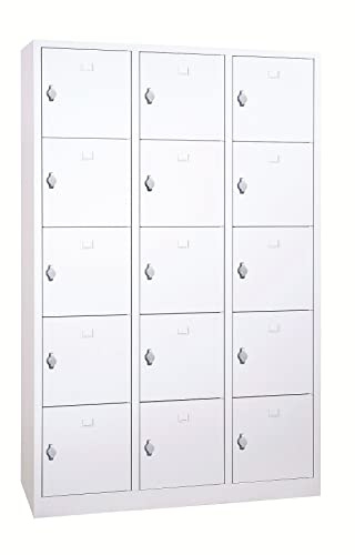 Schrank & Stuhl Schließfachschrank | Fächerschrank mit 15 Abteilen und Drehriegelvorrichtungen, 190 x 119 x 45 cm, Lieferung komplett montiert, Grau