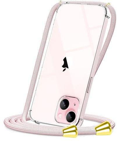 CAROKI Crossbody Case for iPhone 15,Necklace Mobile Phone Cover with Cord Strap Clear Transparent TPU Soft iPhone 15 Cover Holder with Neck Cord Lanyard Strap-Rose Gold