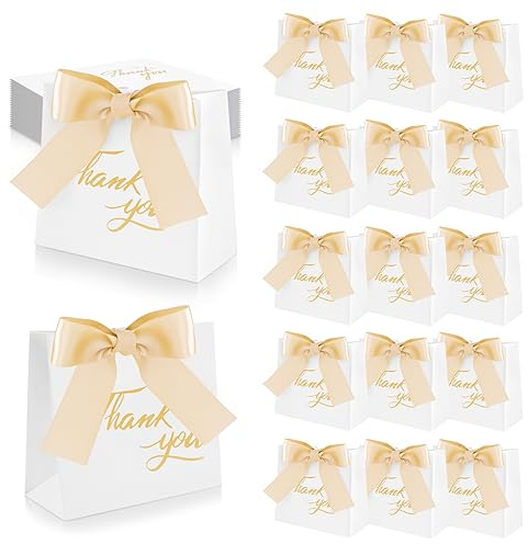 24 Stück Geschenktüten mit Schleifen, SHAIDOJIO Weiß Klein Geschenktüte mit Hellgold Seidenband-11.5×10×4.5cm, Geschenk Tüten Papier für Party Feste Hochzeiten Geburtstage Brautjungfern Hochzeitstüten