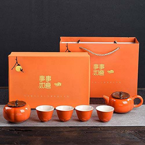 HWSY Service à thé Kungfu Utilitaire, théière avec 4 Tasses à thé, Service à thé Traditionnel Japonais, Service à thé en Porcelaine Kaki Orange Fait à la Main, Cadeau d'affaires Chinois idéal