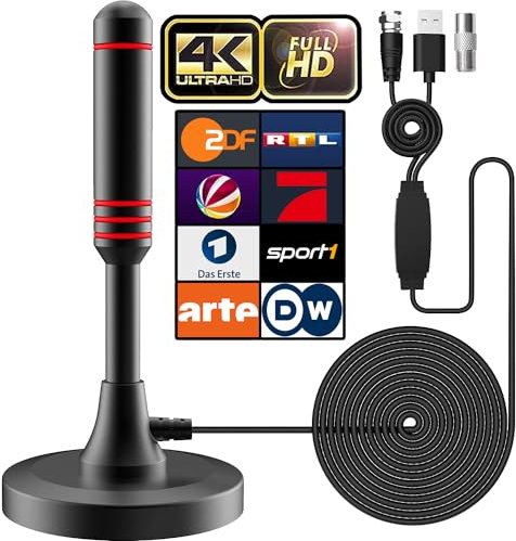 Antenna DVB-T/DVB-T2 con amplificatore, antenna HDTV per TV, ampia portata e ricezione a 360°, con base magnetica, cavo da 5 metri, supporta canali HD 4K e tutti i dispositivi TV