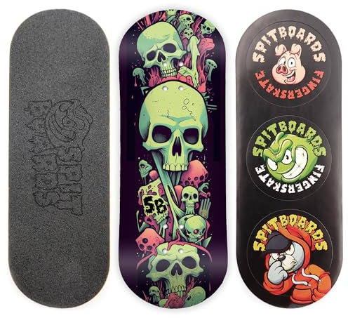SPITBOARDS 34mm Fingerboard Deck - Real Wood (5-Layers) Classic Popsicle Street Shape - Size: 34 x 96 mm - Single Graphic Deck (Real Wear) - Optimized Concave - slimey Skulls