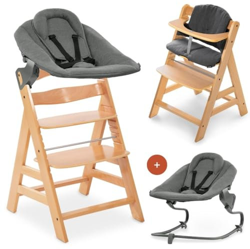 hauck Alpha+ Newborn Set mit Premium Bouncer Dark Grey - Baby Holz Hochstuhl ab Geburt mit Liegefunktion - extra flacher Aufsatz für Neugeborene & Baumwoll Sitzpolster - Natur