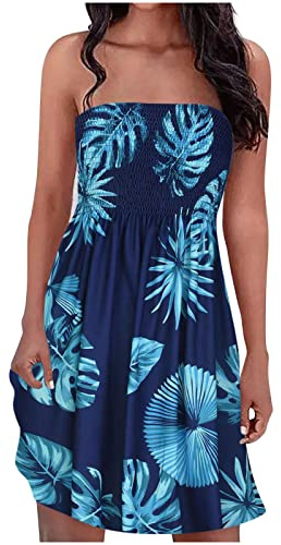 Bandeau Dresses for Women UK Sale Clearance Summer Casual Midi Dress Strapless Sleeveless Breast Wrap Dresses Ladies Ruffle Bohemian Flowy Holiday Beach Dresses Floral Print Boho Beach Dresses