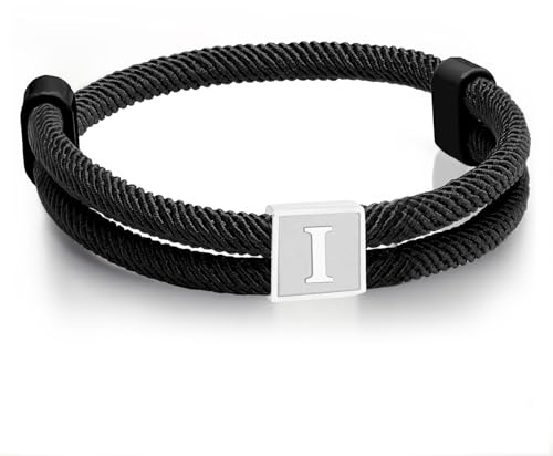 Paracord Armband Mens Surfer Svart Segelrep Justerbar Handgjord Flätad Armband med Bokstäver A-Ö Graduation Födelsedagsgåvor för Män (I)