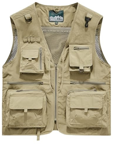 Sukany Men's Casual Outdoor Safari Fishing Vest Jacket Travel Cargo Photo Work Mesh Waistcoat with Multi Pockets Khaki S