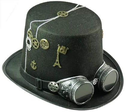 TrendandStylez Hut Zylinder Steampunk, schwarz, mit abnehmbarer Brille, Zahnrädern, Motiven, Ketten für JGA, Mottoparty, Fasching Karneval