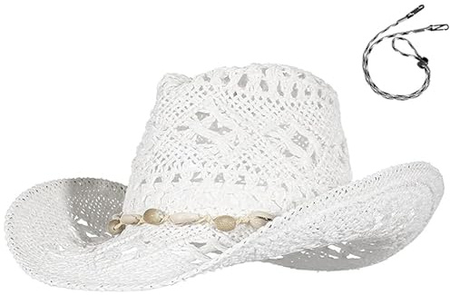 EOZY Men & Women's Summer Cowboy Cowgirl Straw Hat Hollow Out Style Roll Up Brim Beach Sun Hat for Ladies White Shell Band