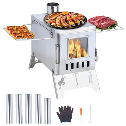 Wood Burning Stove, Portable Camping Stove with 100 x 100 mm Viewing Window, Adjustable Vent Hot Tent Stove, 5 Pipe Outdoor Wood Stove, Camping Log Burner for Camping and Hiking